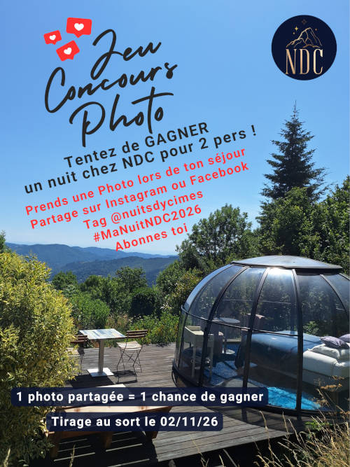 Jeu concours gagner une nuit en bulle chez Nuits D'y Cîmes hébergement insolite en Ardèche